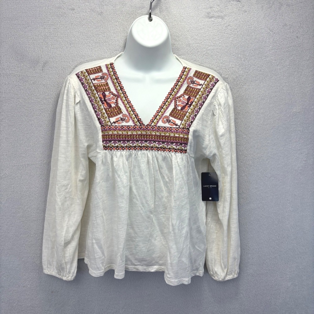 NWT Lucky Brand Embroidered Boho Top Women Medium 3/4 Sleeve V-Neck Slub Knit